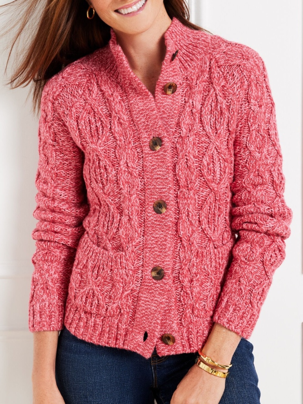 TALBOTS MARL CABLE KNIT MOCKNECK CARDIGAN -size M